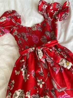 Red Floral Puff-Sleeve Smocked Waist Jumpsuit